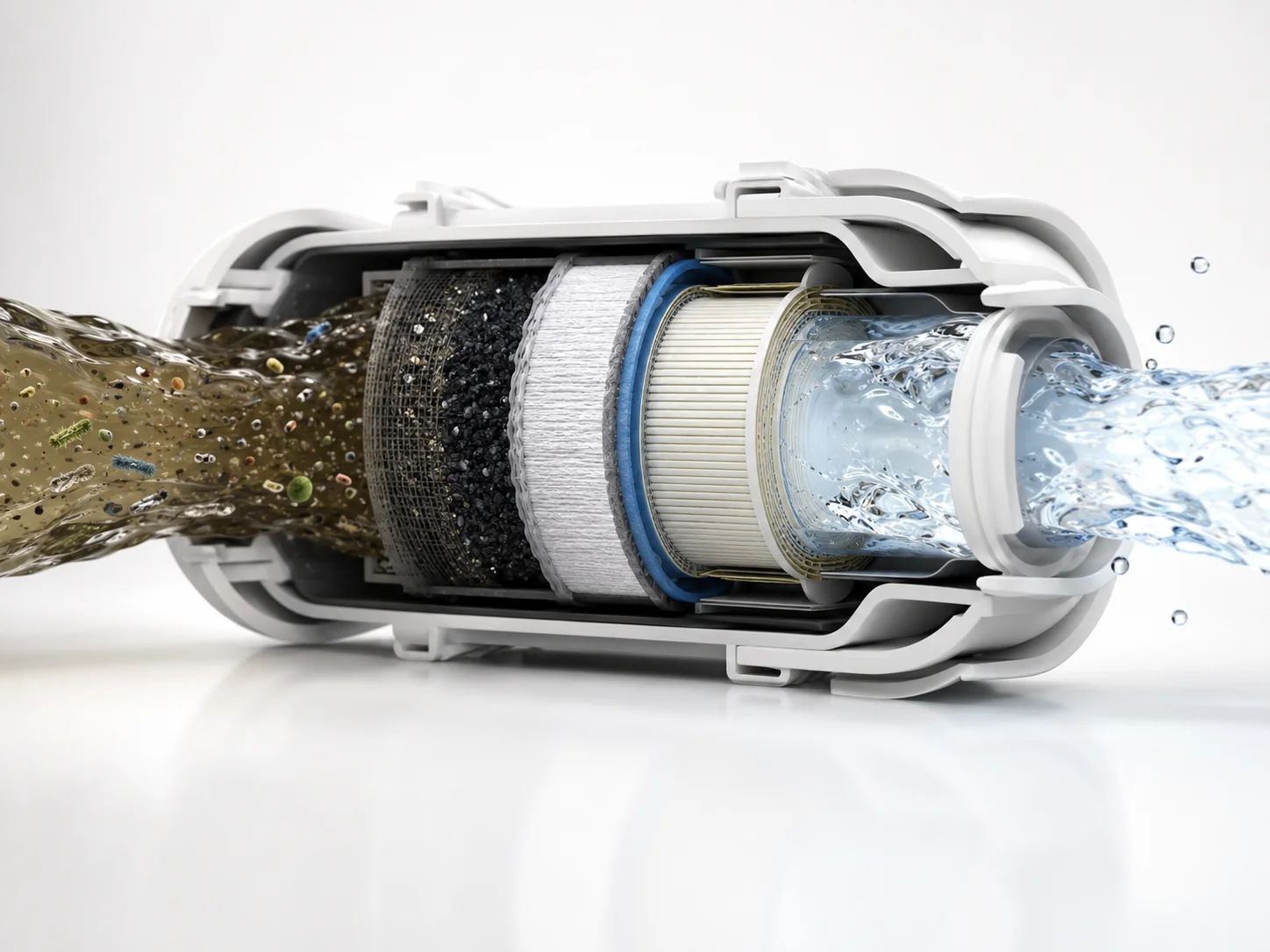 Cutaway of an RO filtration cartridge purifying dirty water