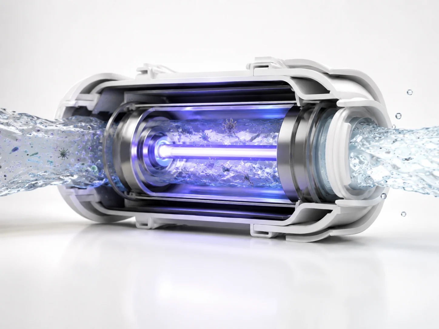 Cutaway of a UV sterilization chamber treating purified water