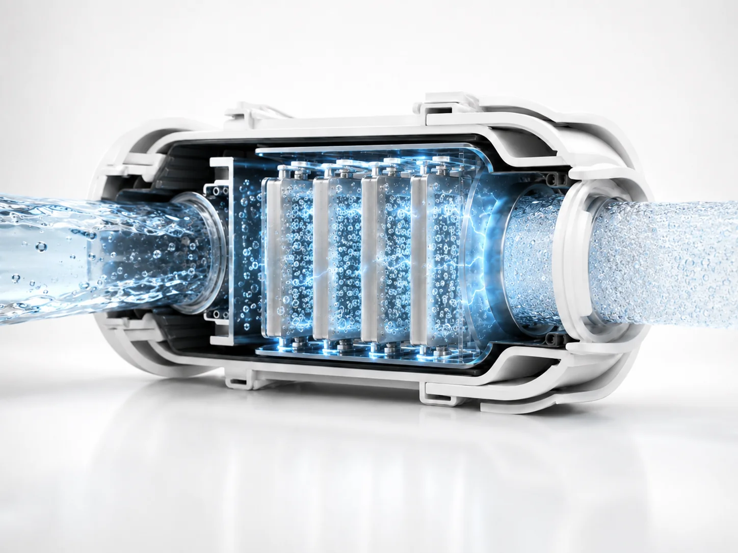 Cutaway of a platinum electrolysis chamber infusing hydrogen into water