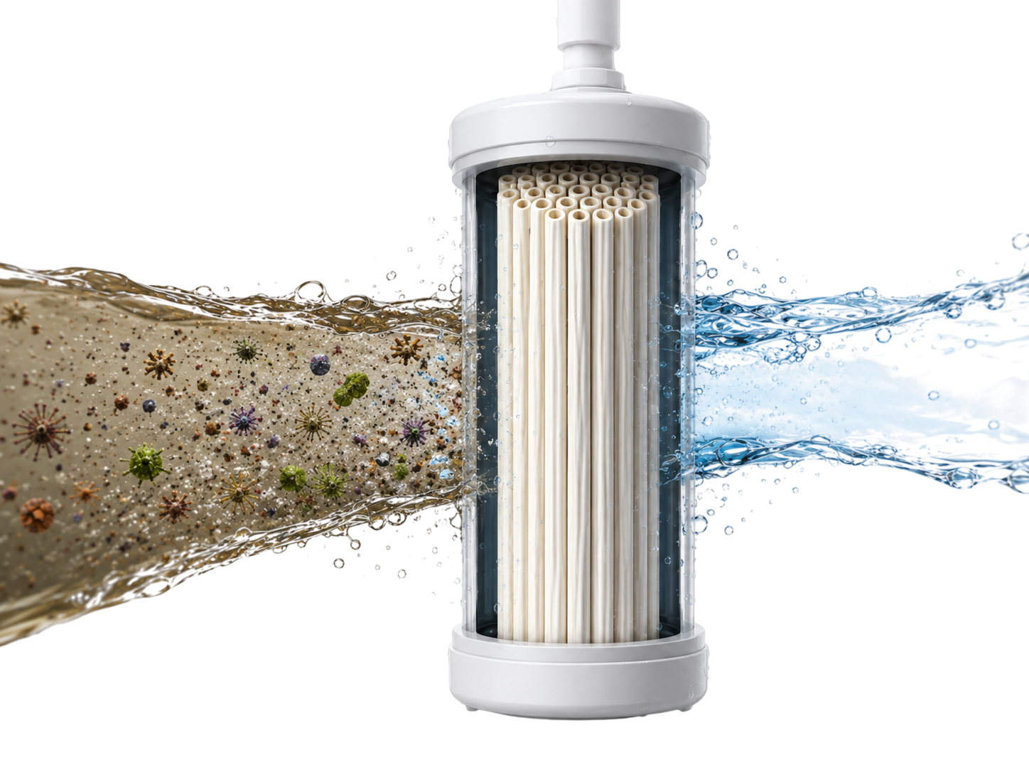 Cutaway of an ultrafiltration hollow fibre membrane cartridge